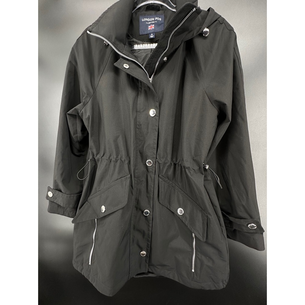 London Fog Womens Black Hooded Anorak Jacket Drawstring Waist Small